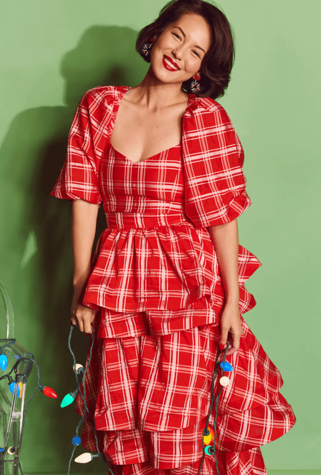 Balloon Sleeve Bustier - Red Plaid - Image 4