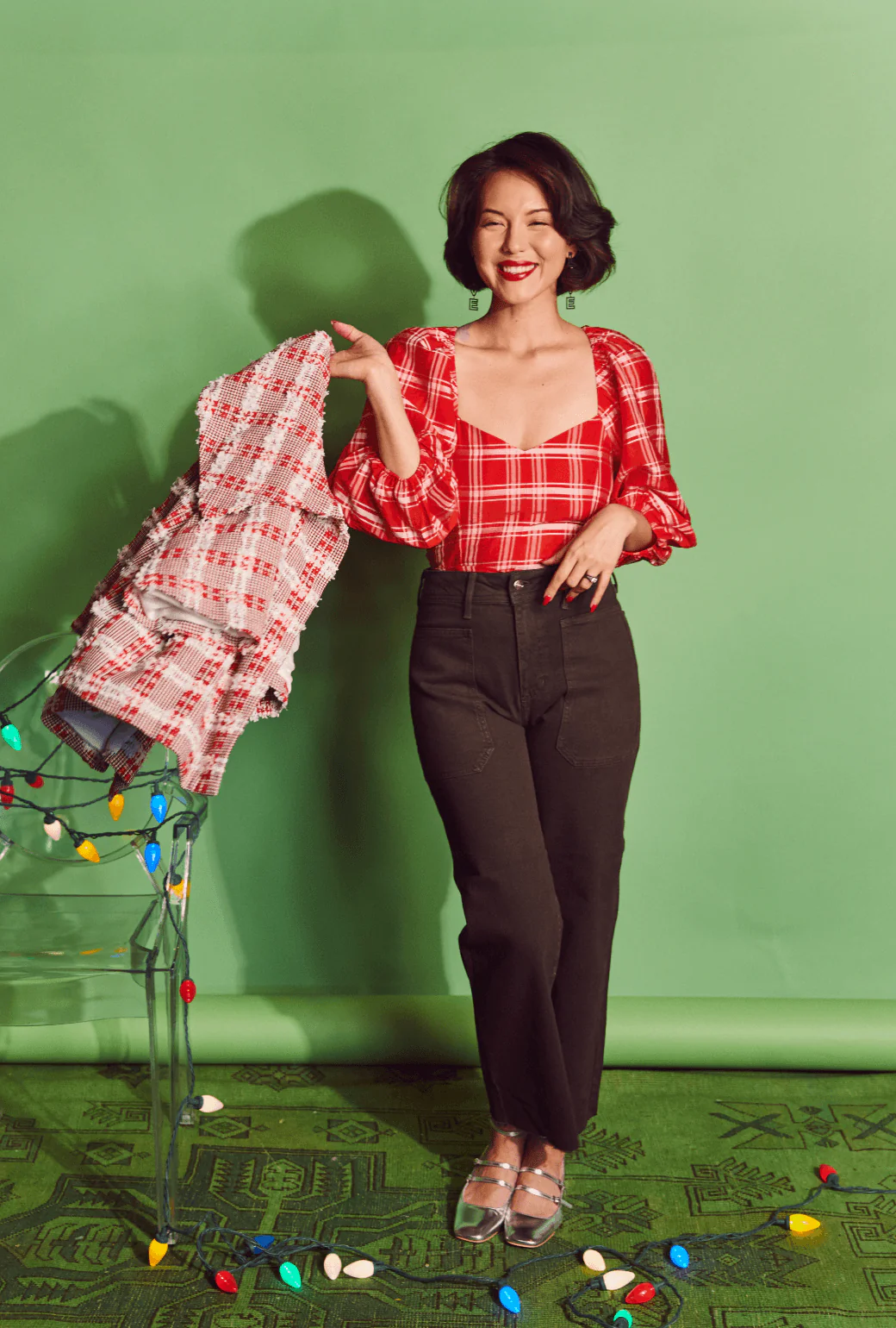 Balloon Sleeve Bustier - Red Plaid - Image 5