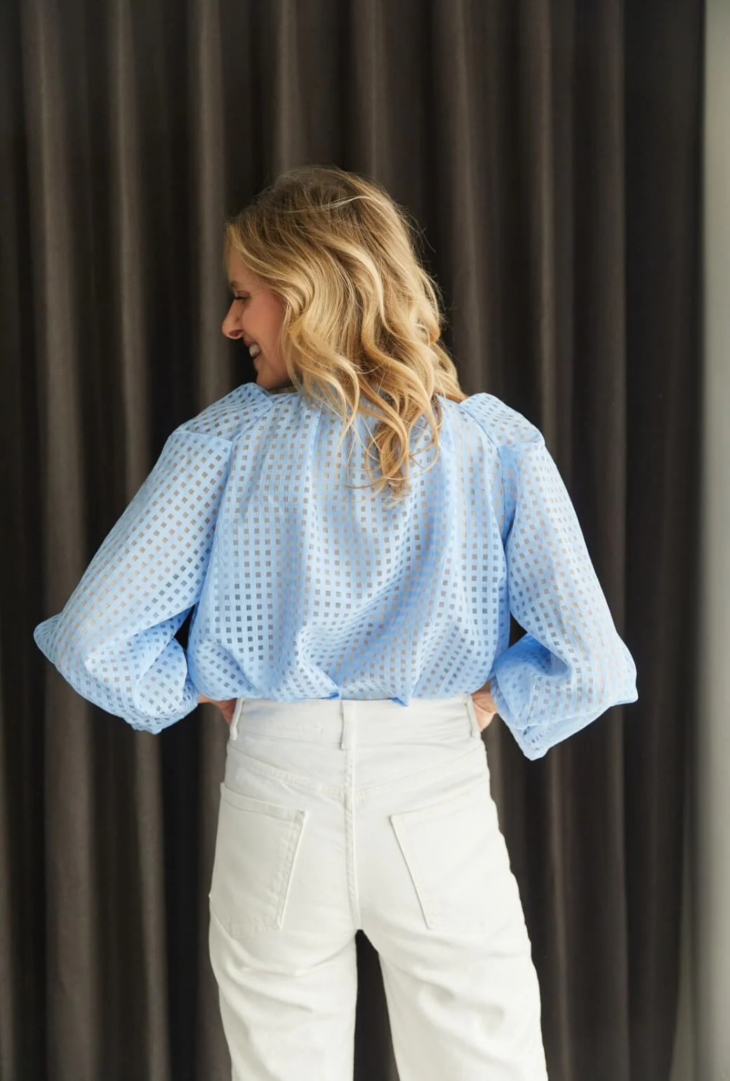 Big Bow Blouse - Blue Sheer Gingham - Image 4