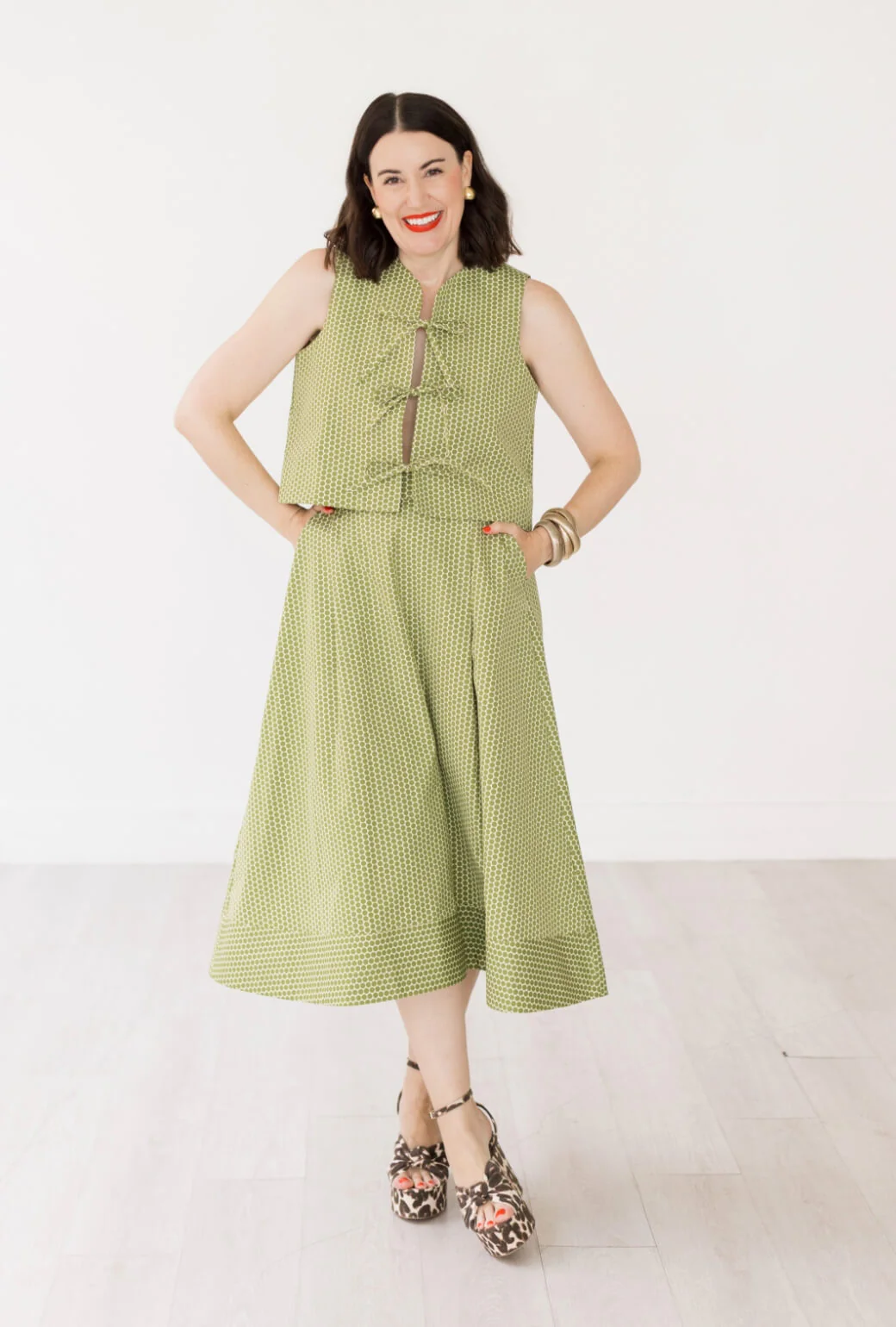 Buru x Val Flat Front MIDI Skirt  - Green Polka Dot - Image 5