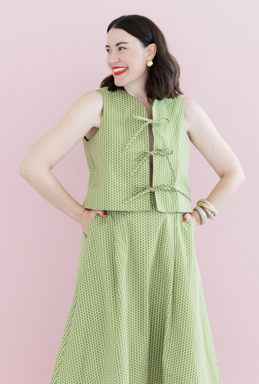 Buru x Val Flat Front MIDI Skirt  - Green Polka Dot - Image 6