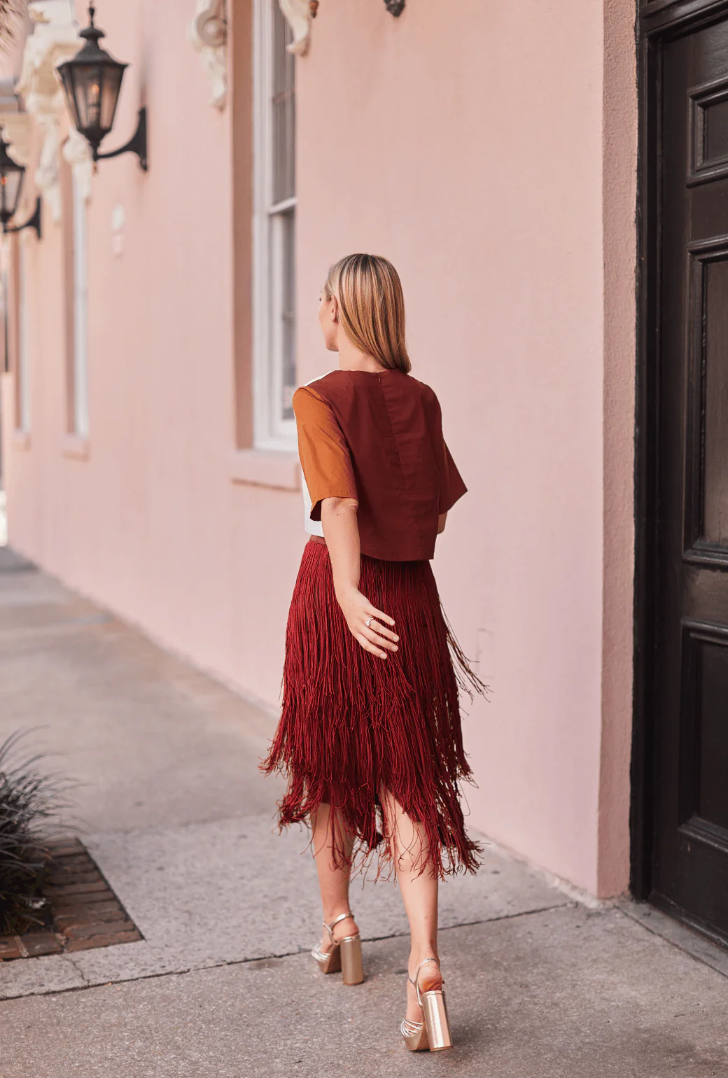 Color Block Fringe Skirt- Rust - Image 6