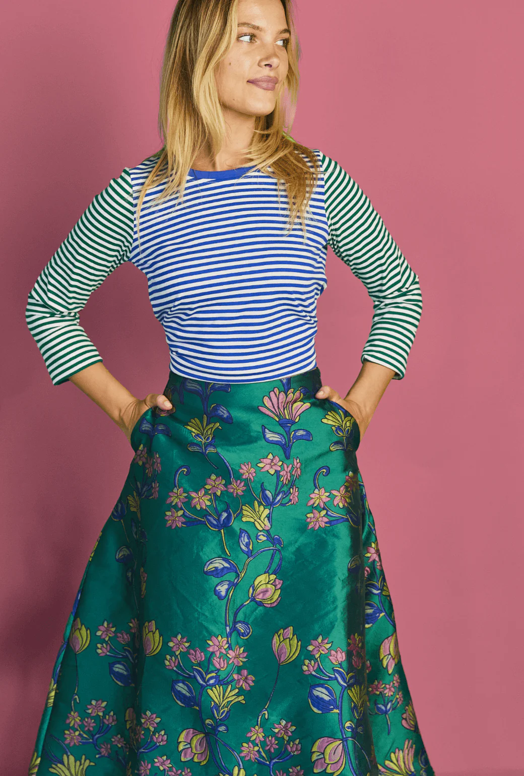 Crew Neck Contrast Tee - Green and Blue Stripe - Image 5