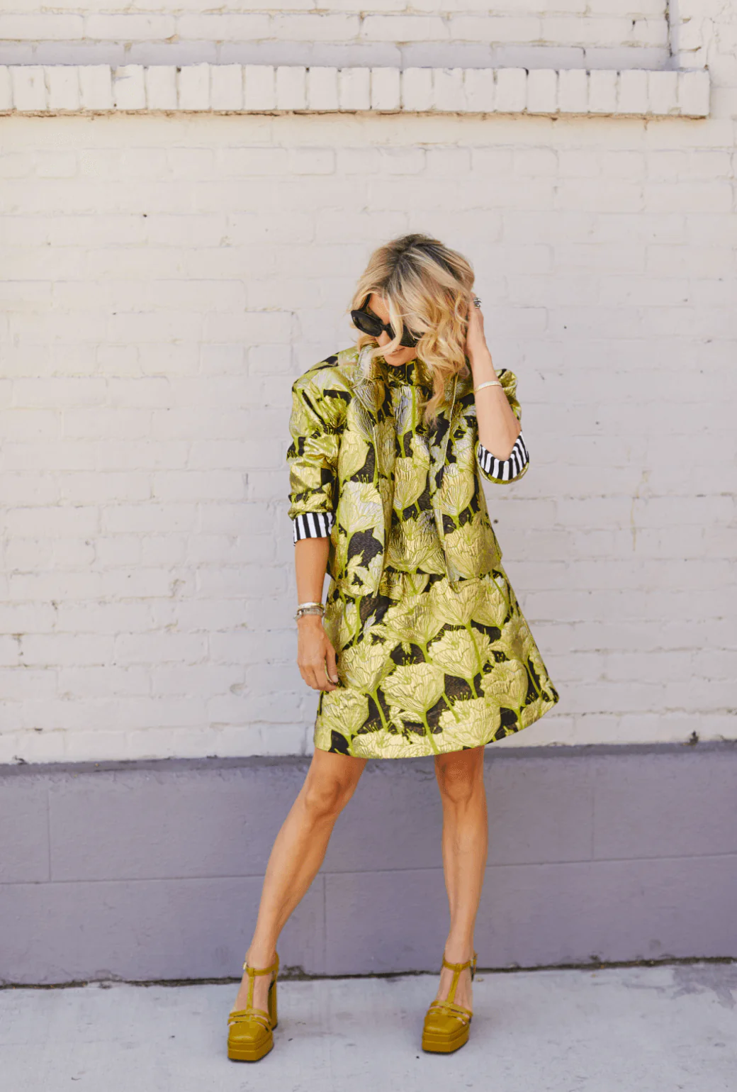 Cropped Boyfriend Blazer - Chartreuse and Black Brocade - Image 10