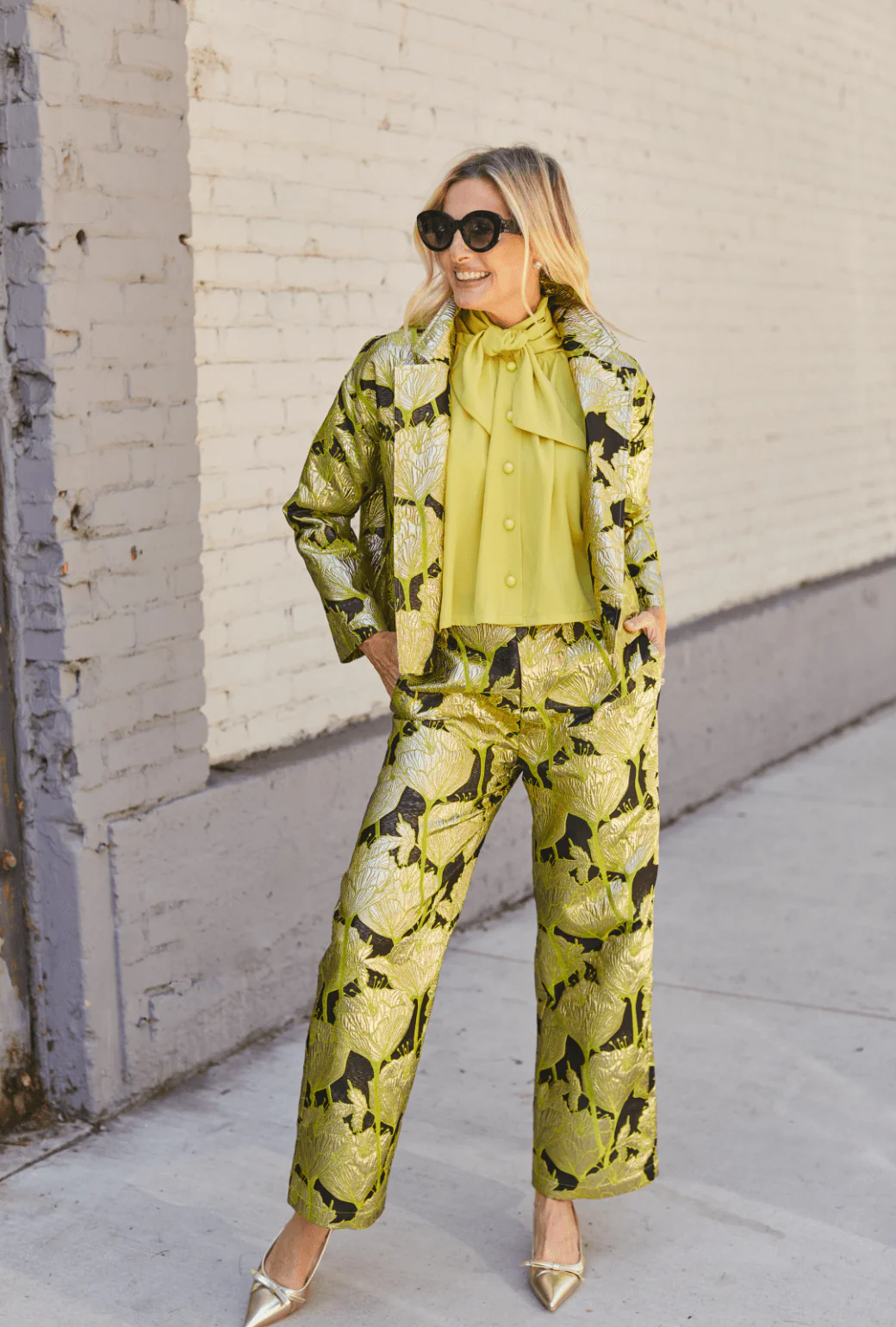 Cropped Boyfriend Blazer - Chartreuse and Black Brocade - Image 4