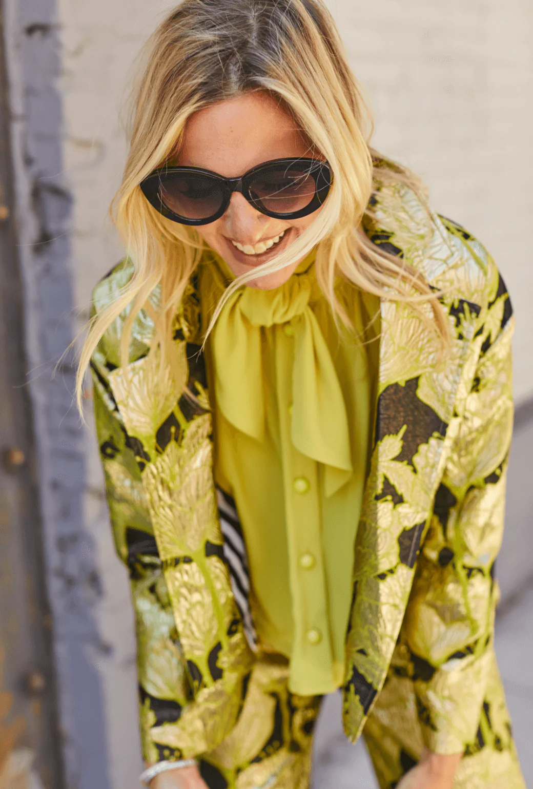 Cropped Boyfriend Blazer - Chartreuse and Black Brocade - Image 5