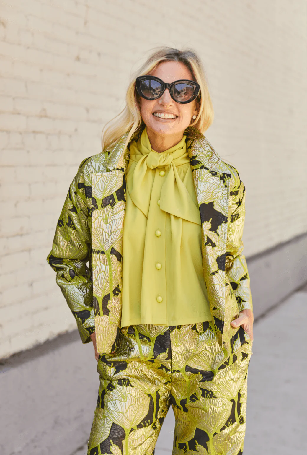 Cropped Boyfriend Blazer - Chartreuse and Black Brocade - Image 6