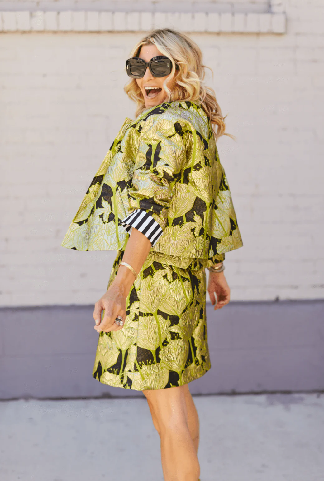 Cropped Boyfriend Blazer - Chartreuse and Black Brocade - Image 7