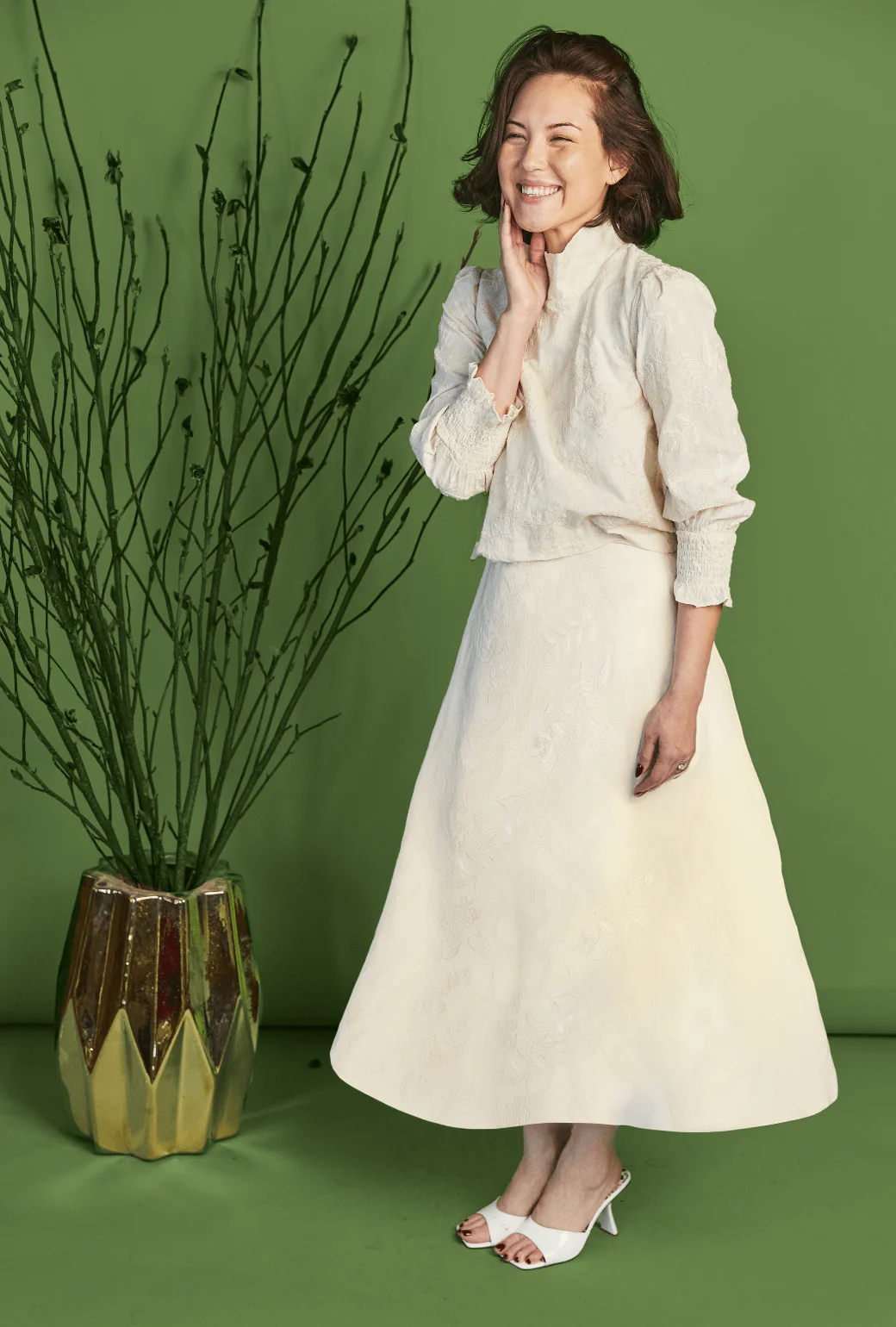 Cropped Long Sleeve Mod Top - Ivory Embroidery - Image 7
