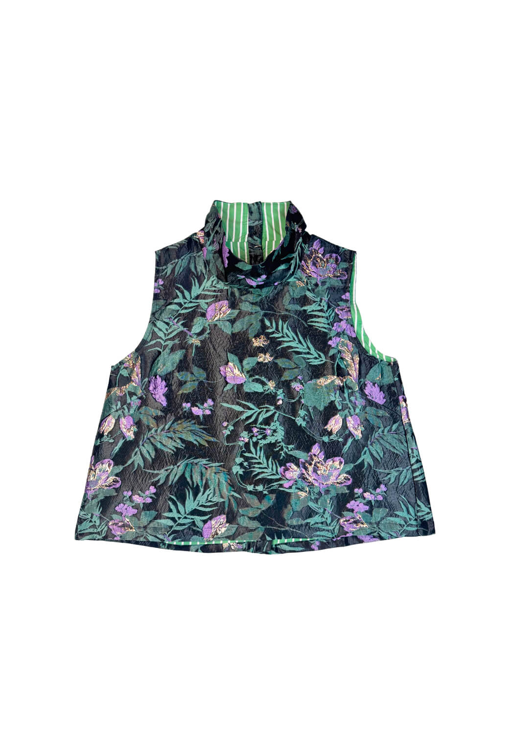 Cropped Sleeveless Mod Top - Sage & Lilac Brocade - Image 3