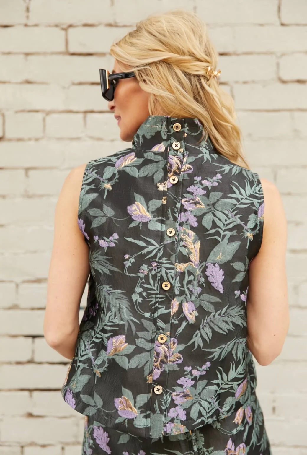 Cropped Sleeveless Mod Top - Sage & Lilac Brocade - Image 8