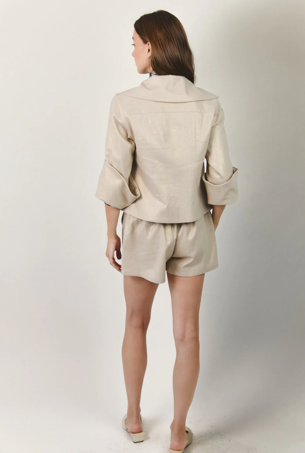 Flat Front Everyday Shorts - Gold Shimmer Linen - Image 4