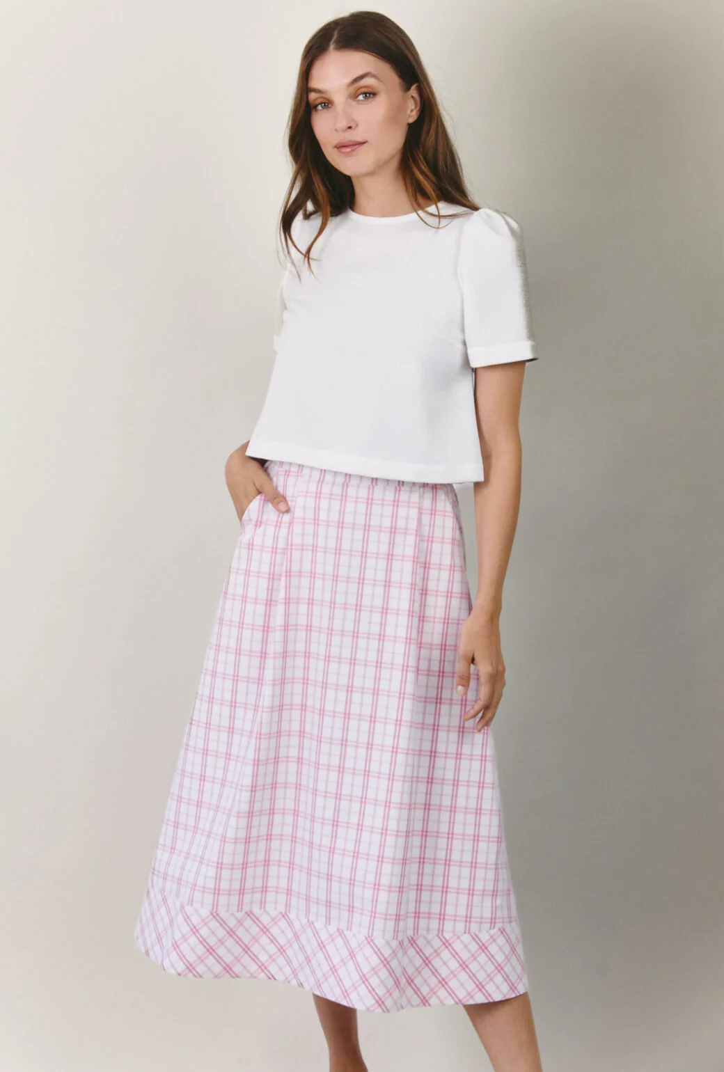 Flat Front MIDI Skirt - Pink Windowpane Plaid - Image 5