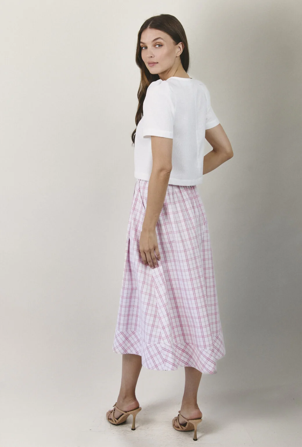 Flat Front MIDI Skirt - Pink Windowpane Plaid - Image 6