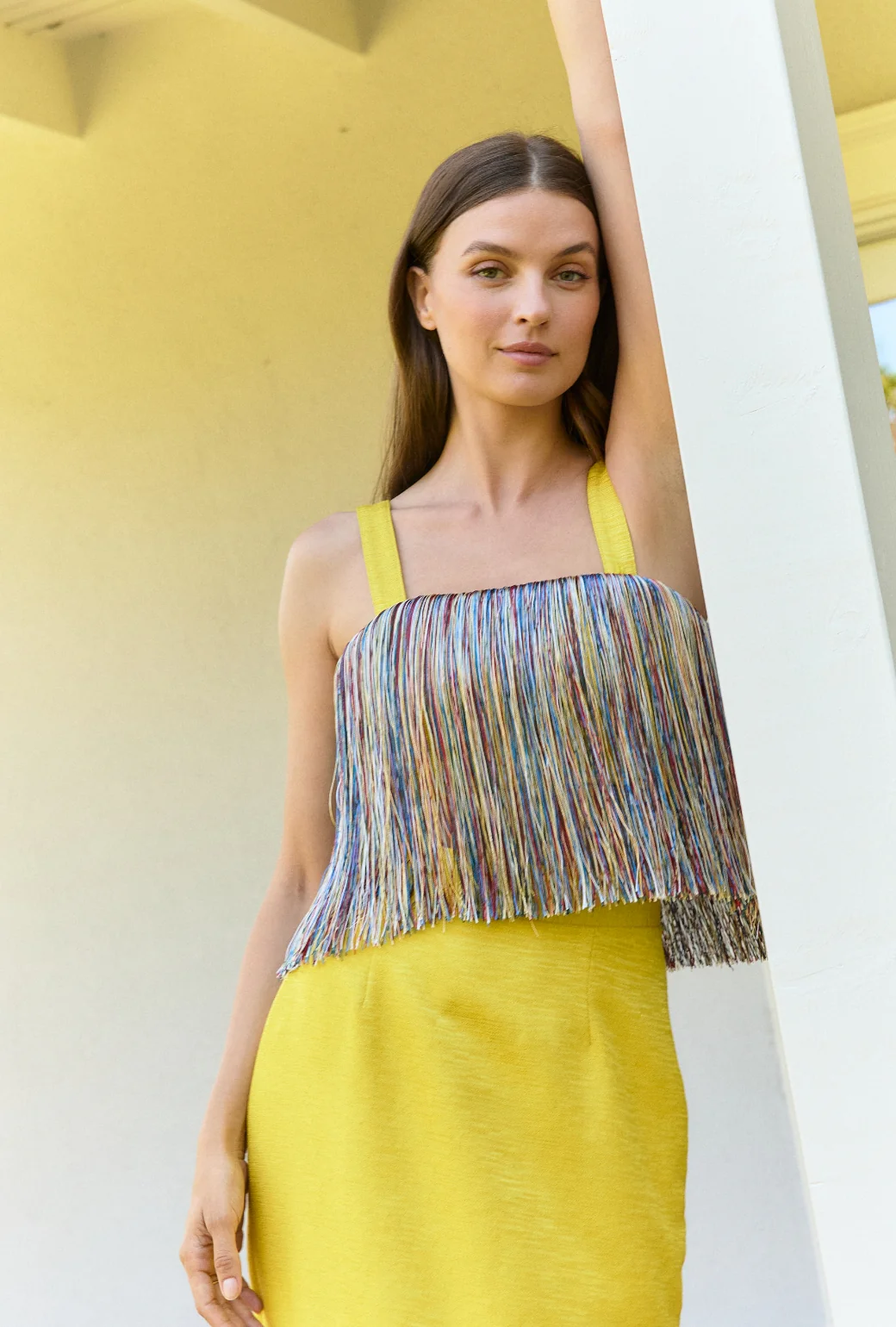 Fringe Bustier- Yellow Slub with Rainbow Fringe - Image 2
