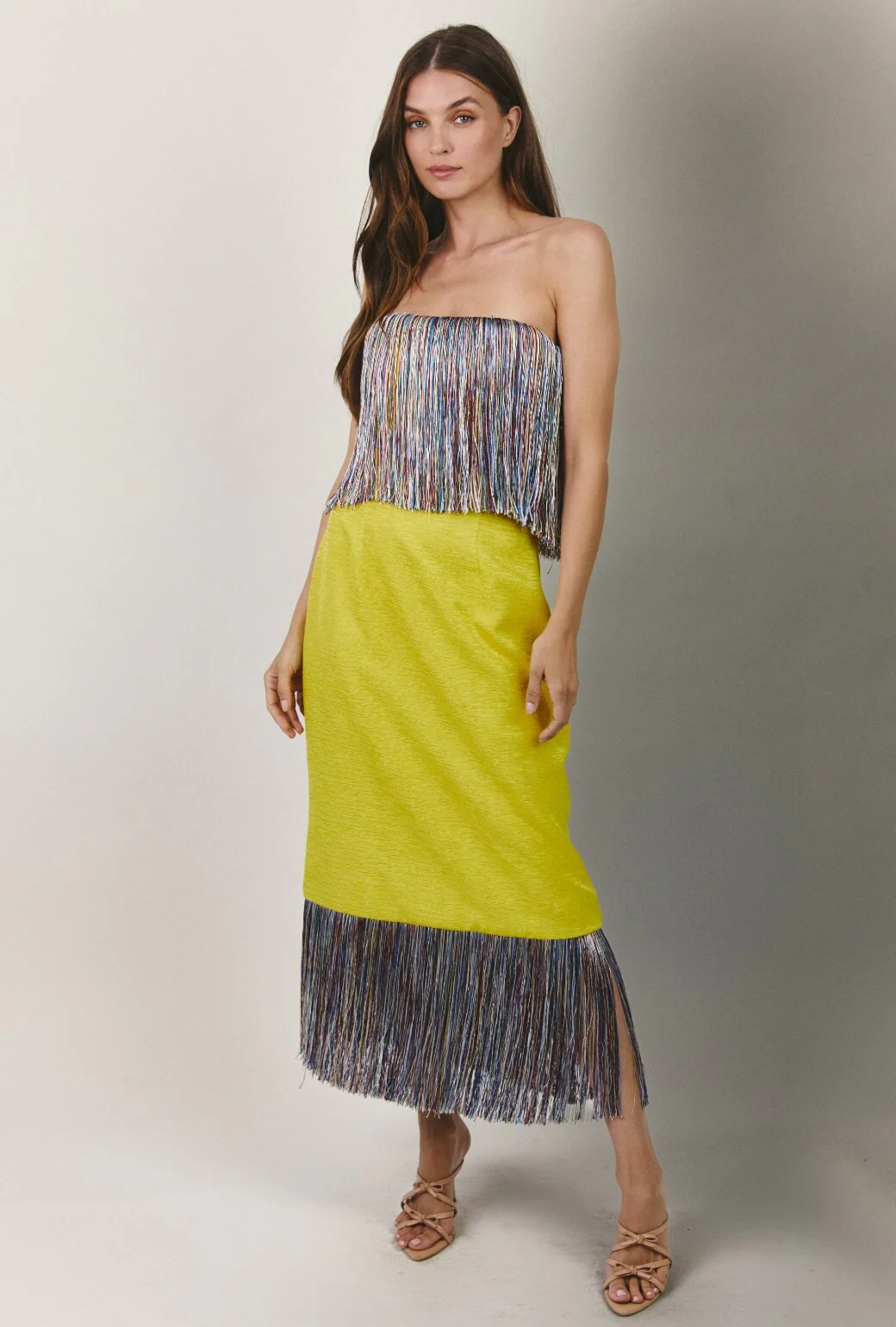 Fringe Bustier- Yellow Slub with Rainbow Fringe - Image 6