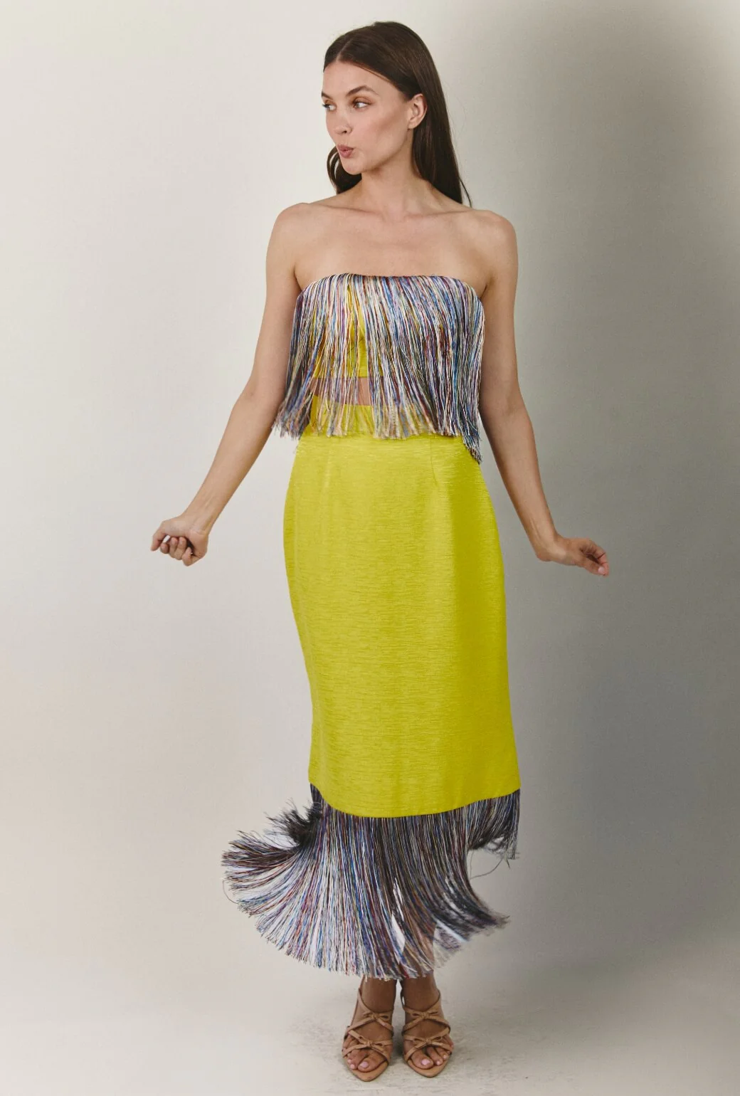 Fringe Bustier- Yellow Slub with Rainbow Fringe - Image 8