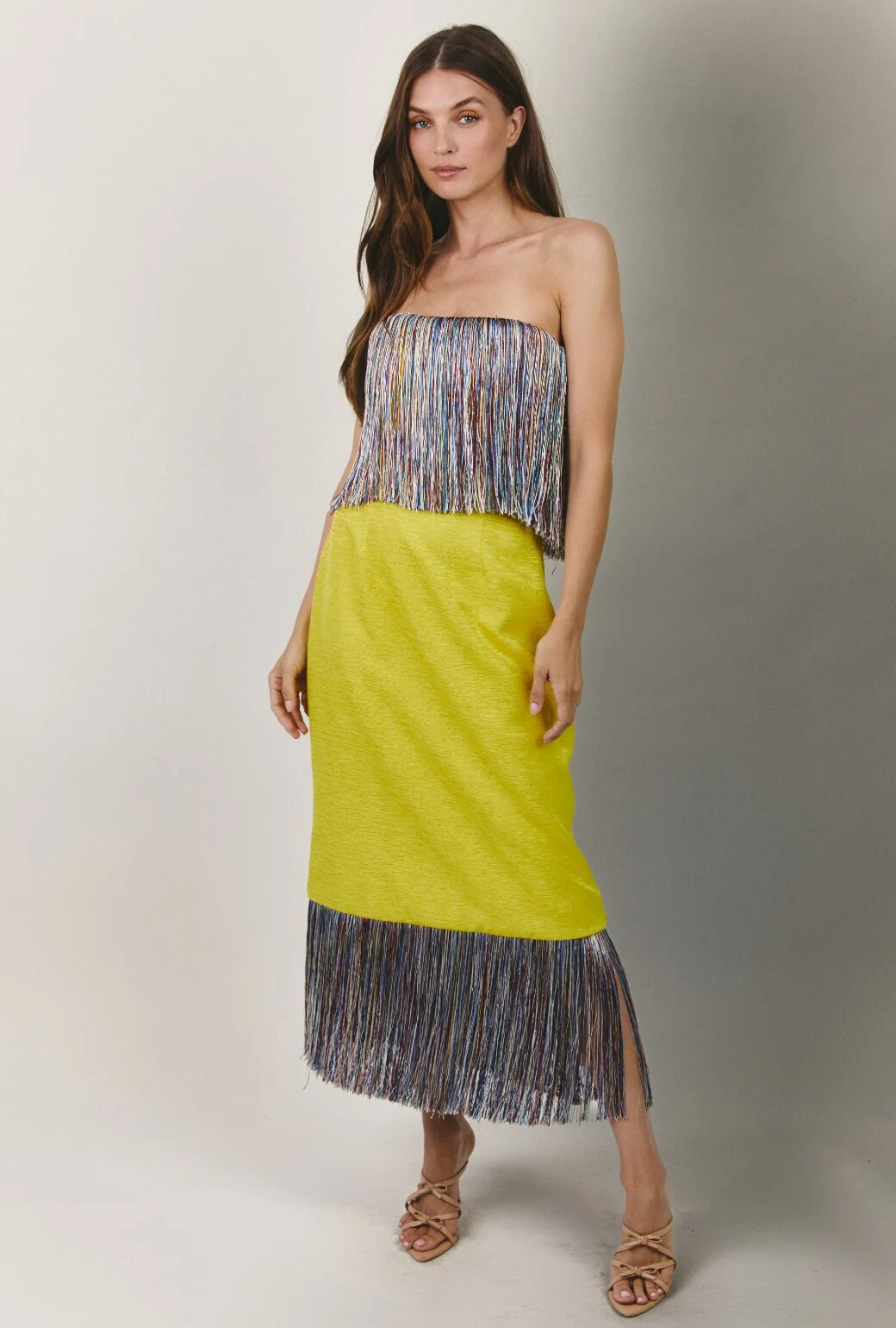 Fringed Monroe Skirt - Yellow Slub with Rainbow Fringe - Image 5