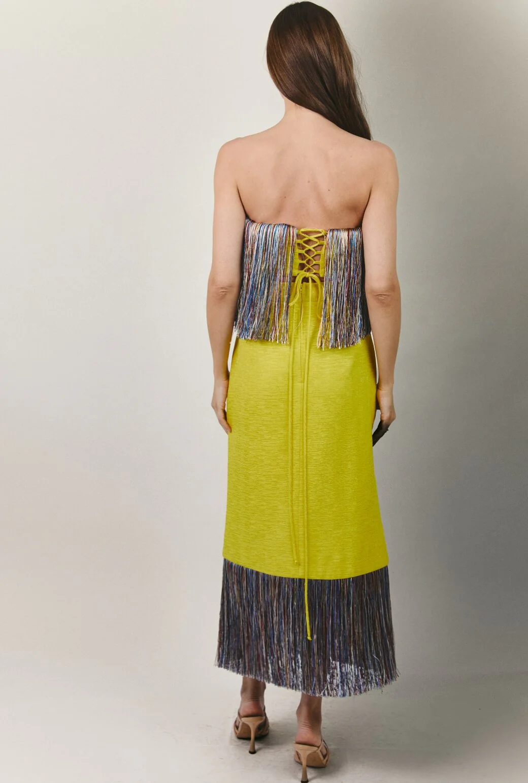 Fringed Monroe Skirt - Yellow Slub with Rainbow Fringe - Image 6