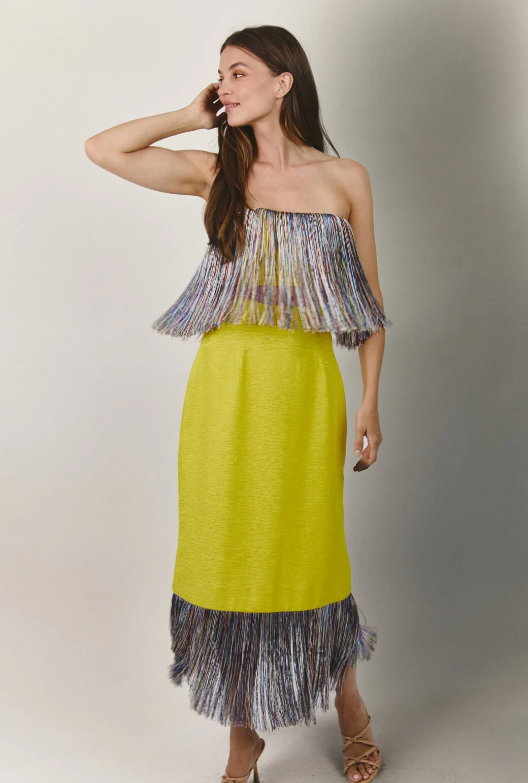 Fringed Monroe Skirt - Yellow Slub with Rainbow Fringe - Image 7