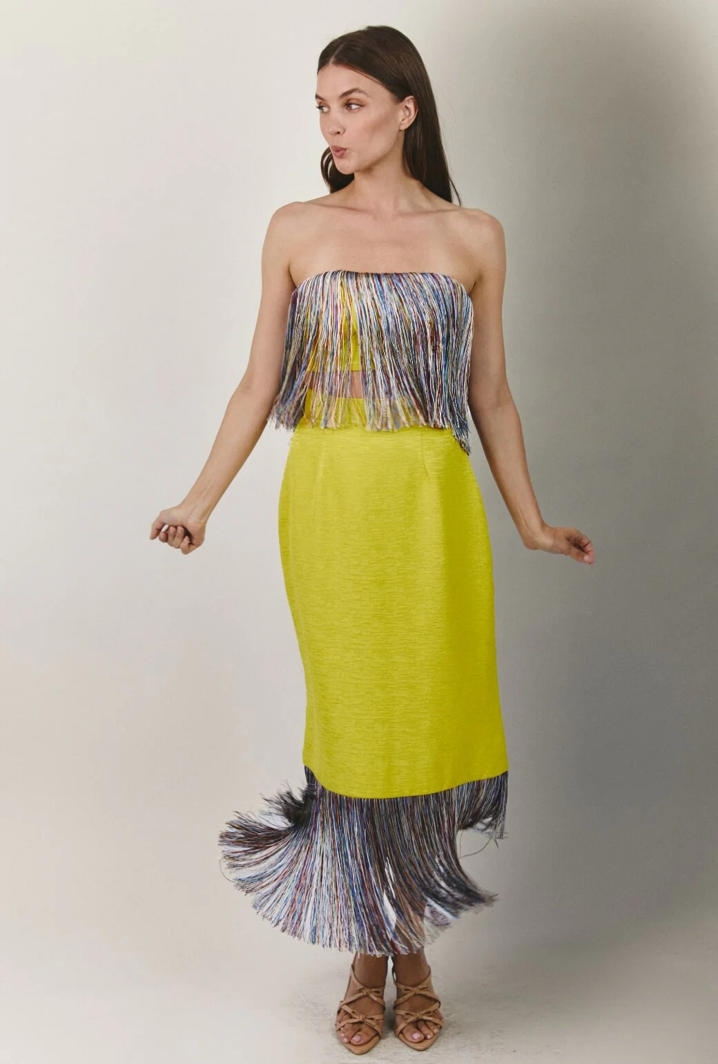 Fringed Monroe Skirt - Yellow Slub with Rainbow Fringe - Image 8