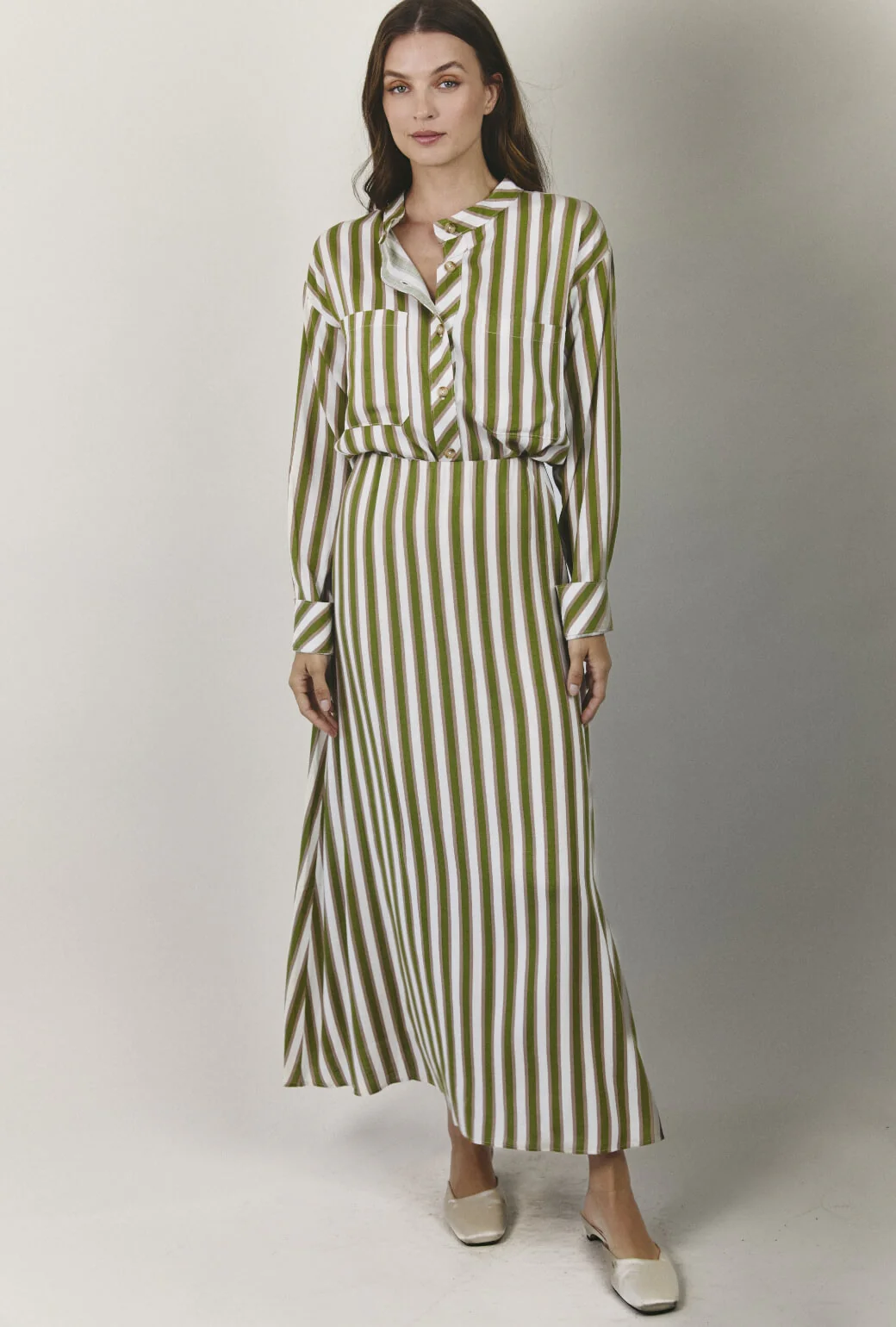 Mandarin Shirt - Green & Brown Stripe - Image 7