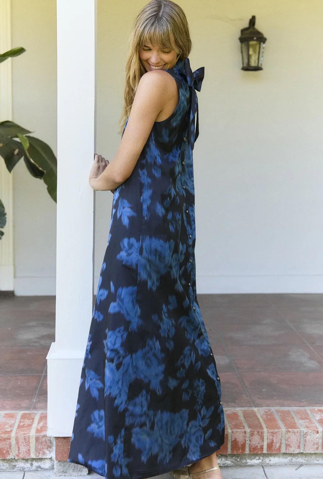 Bow Maxi Mod Dress - Blue Floral Taffeta - Image 3