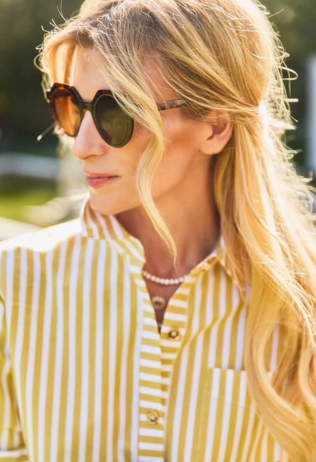 Mel Mixed Button Down Shirt - Citron Stripe - Image 3