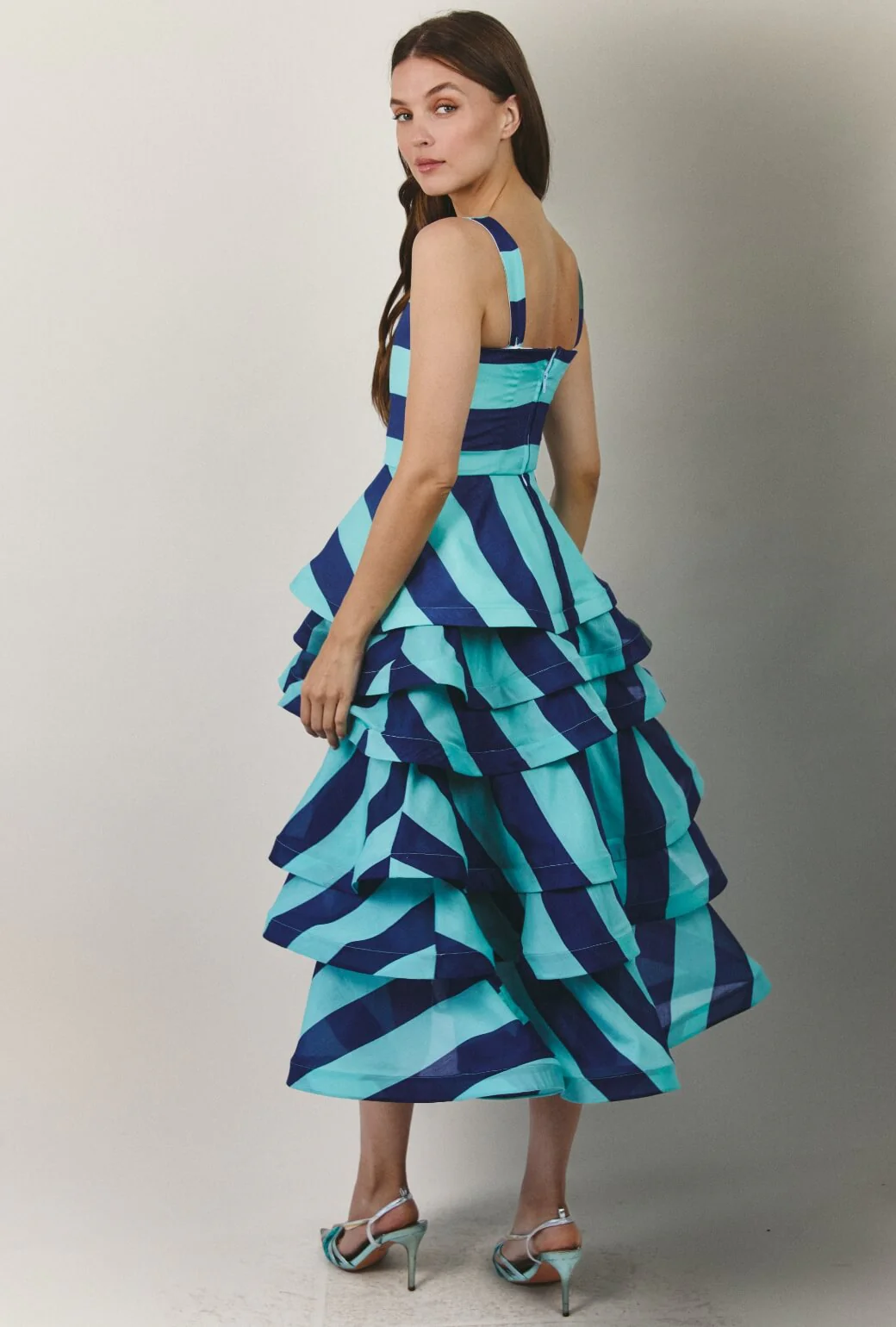 MIDI Teagan Skirt - Turquoise and Blue Stripe Silk - Image 4