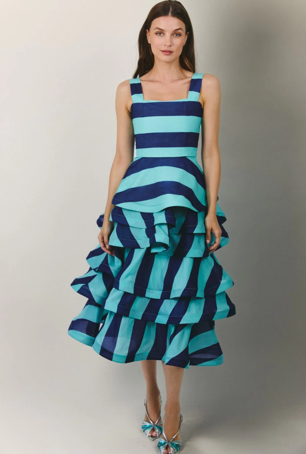 MIDI Teagan Skirt - Turquoise and Blue Stripe Silk - Image 5
