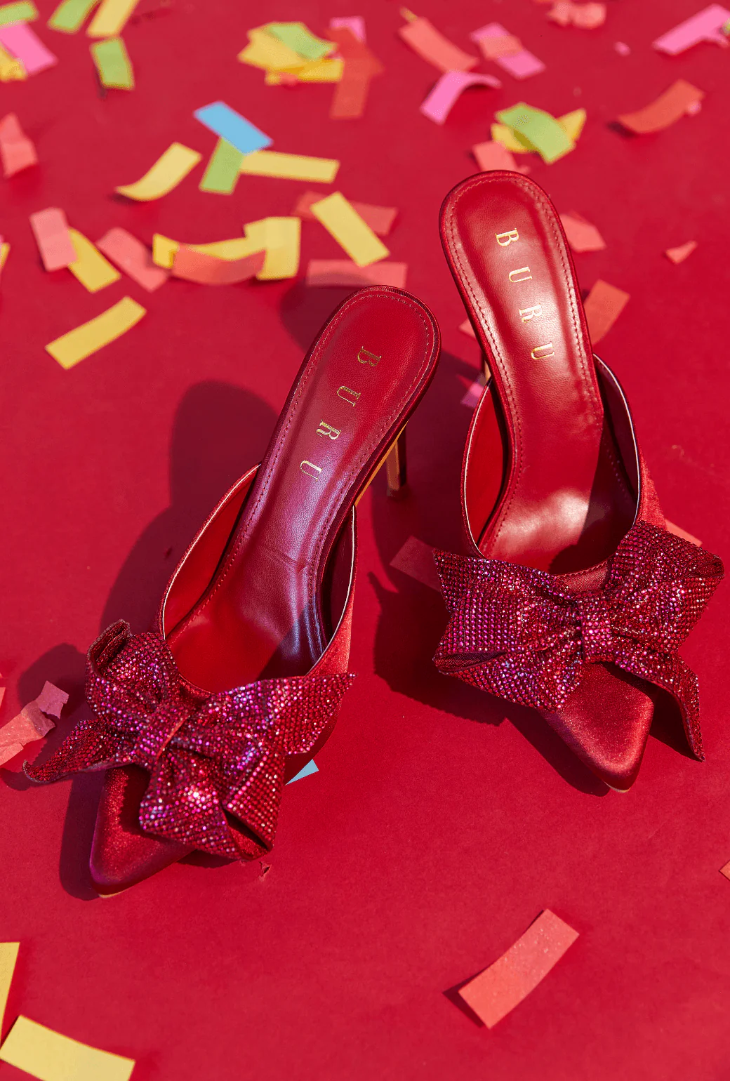 Rhinestone Bow Mules - Bordeaux Satin - Image 3