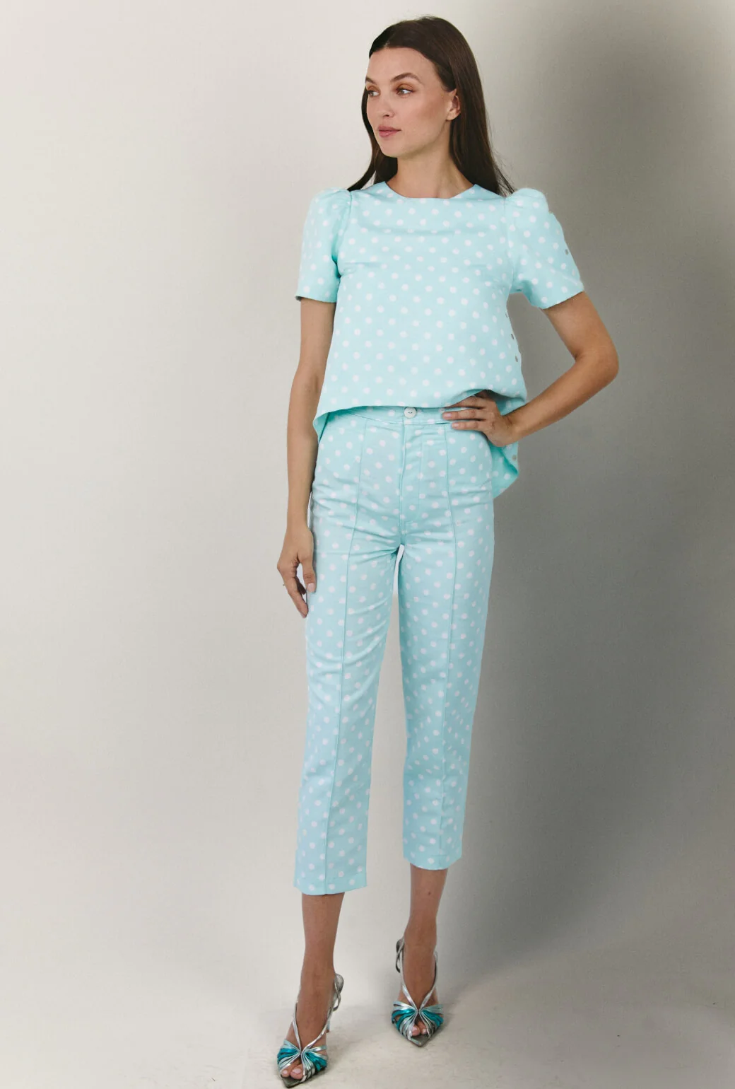 Run for the Roses Cropped Cigar Pant - Aqua Dot - Image 3