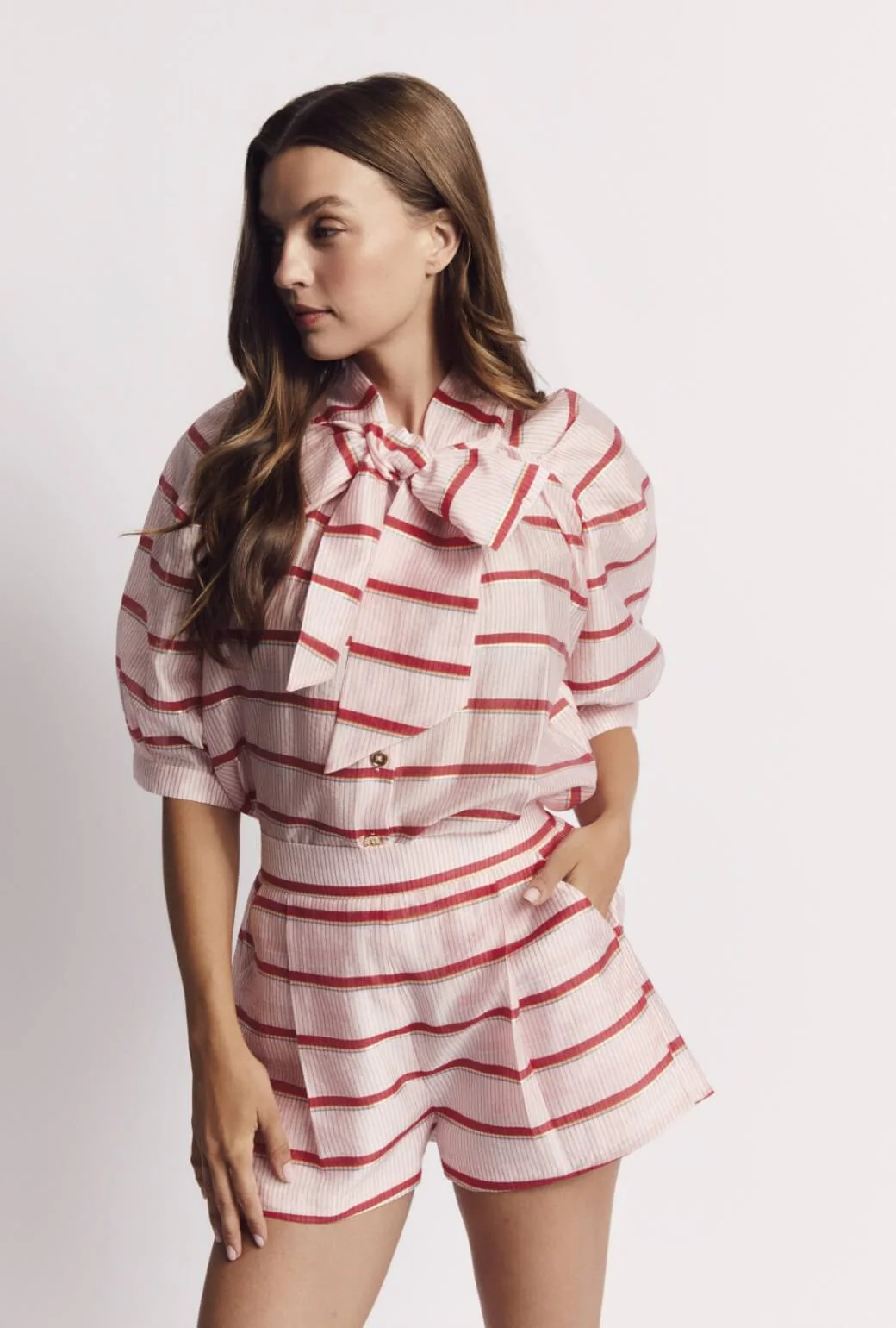 Short Sleeve Bow Blouse - Red Shimmer Stripe - Image 7