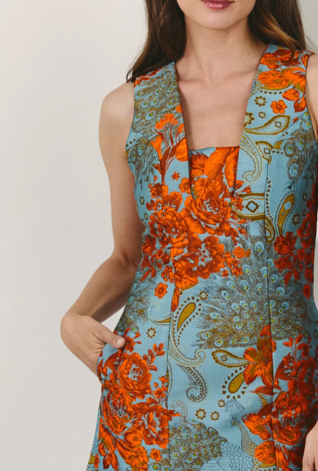 Sleeveless Deco Dress - Aqua & Flame Jacquard - Image 5