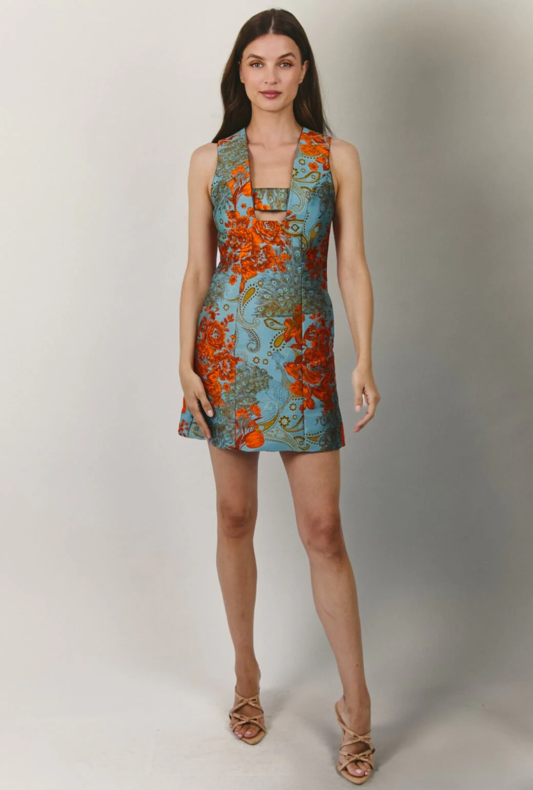 Sleeveless Deco Dress - Aqua & Flame Jacquard - Image 6