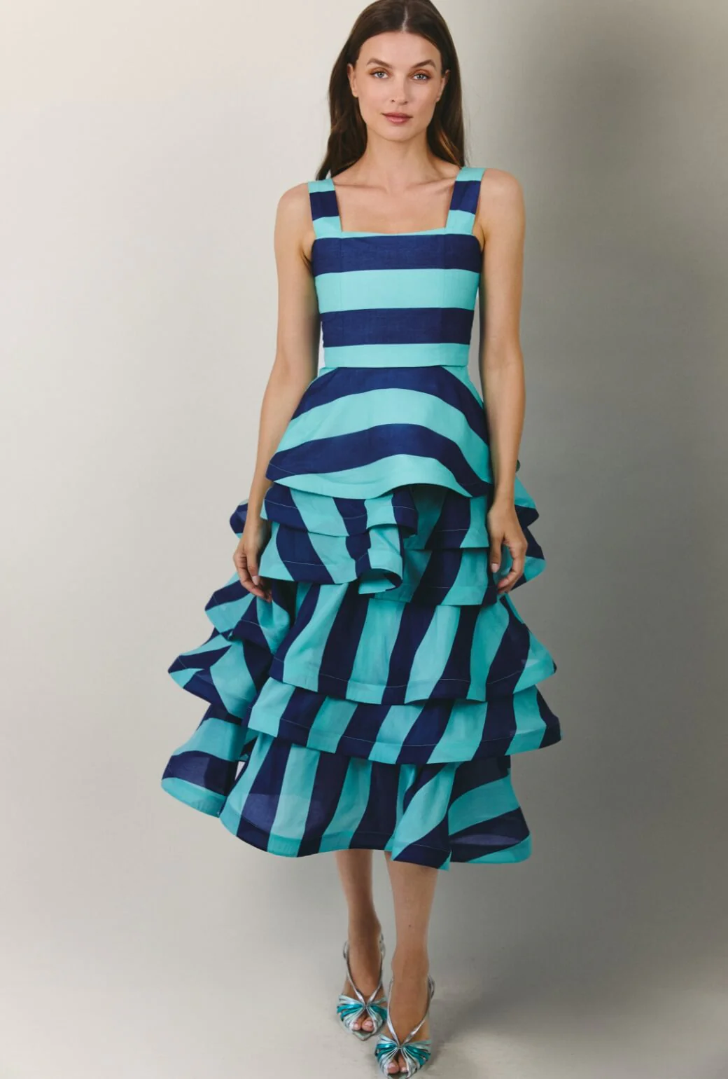 The Peplum Bustier - Turquoise and Blue Stripe Silk - Image 4