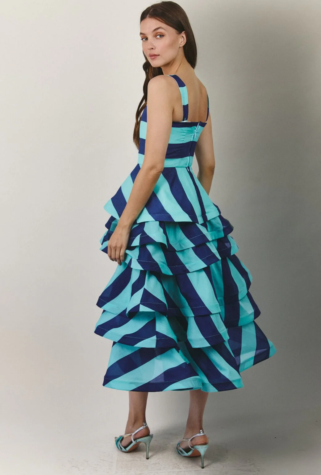 The Peplum Bustier - Turquoise and Blue Stripe Silk - Image 6