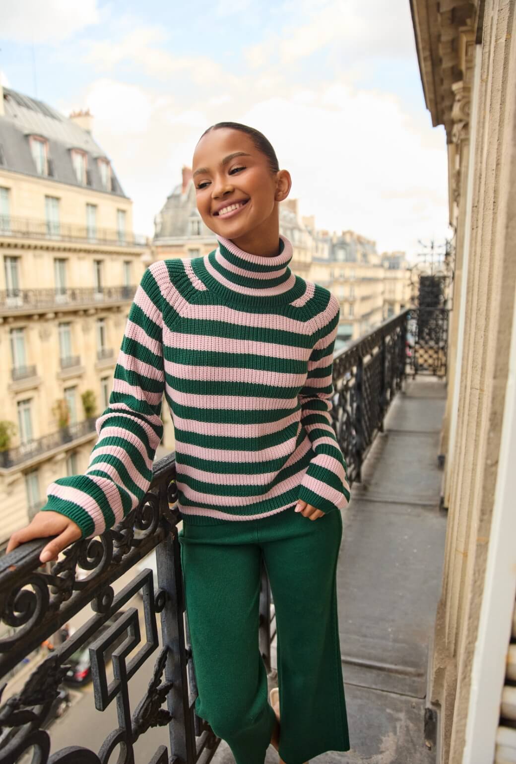The Schafer Stripe Sweater - Deep Green & Ballet Pink - Image 2