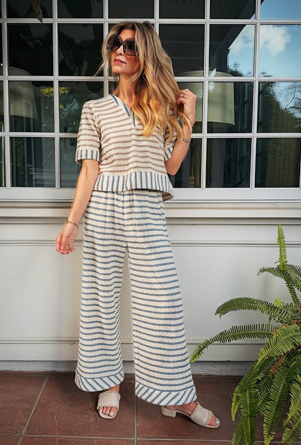 Wide Leg Knit Trouser - Blue Stripe Knit - Image 3